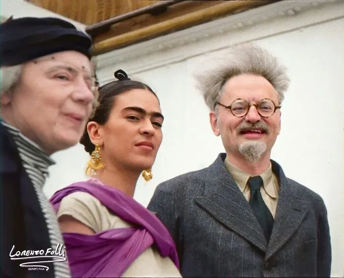 Russian Revolutionary Leon Trotsky (Right), Mexican Artist Frida Kahlo (Center), And Revolutionary And Wife Of Trotsky Natalia Sedova, Photographed Together In Mexico In 1937