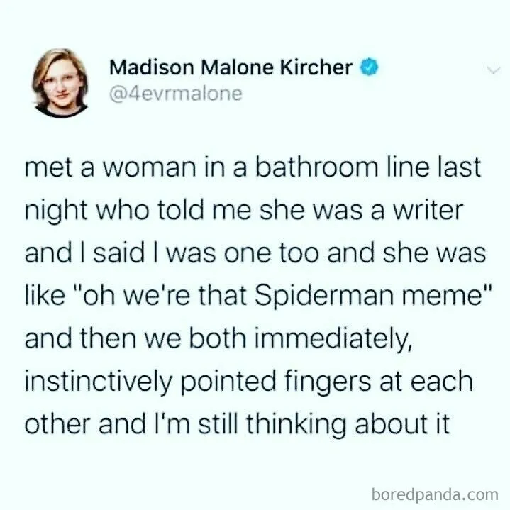 Tweet about two writers recognizing each other with a Spiderman meme, highlighting humor in Introvert Nation memes.