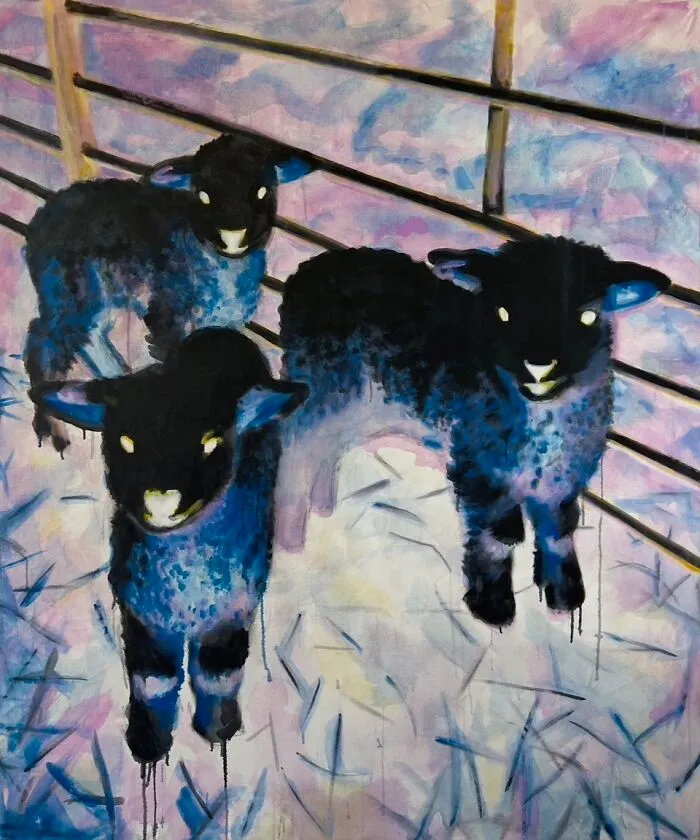 3 Negative Sheep, Acrylic On Canvas,  70.5 X 59”