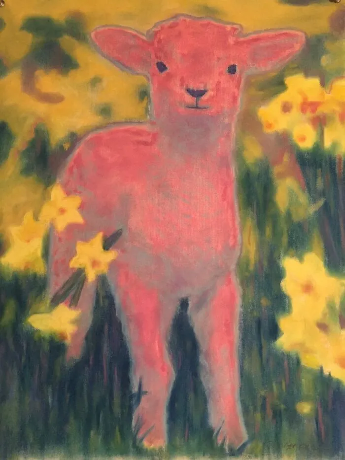 Lamb In Daffodils,  Pastel On Paper, 24” X 18”
