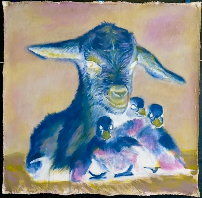 Negative Lamb With Ducklings, Acrylic On Canvas, 42” X 42” Framed