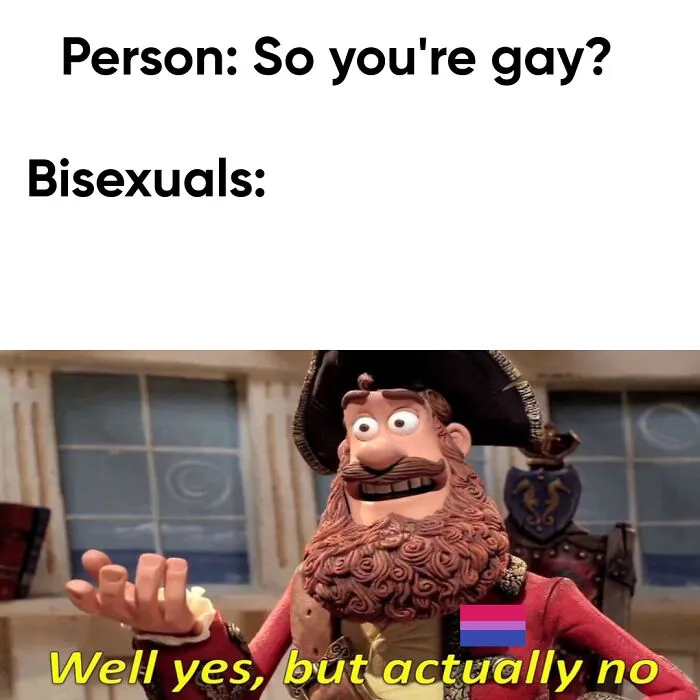 Pirate character humorously responding to a bisexuality question with "Well yes, but actually no," featuring the bisexual flag.