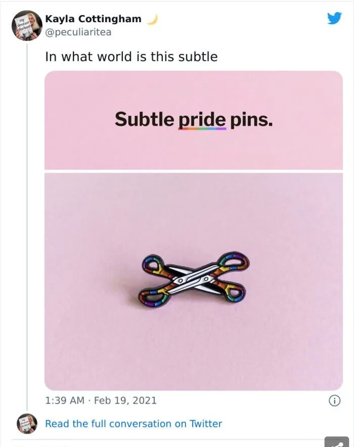 Subtle pride pins meme features rainbow-colored scissors on a pink background.