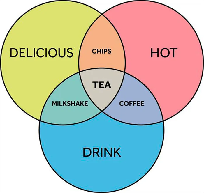 Funny Venn diagram with circles labeled Delicious, Hot, and Drink; overlapping areas include tea, coffee, chips.