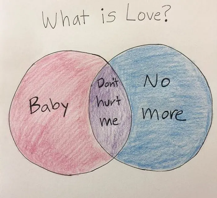 Funny Venn diagram with overlapping circles labeled "Baby" and "No more," intersecting at "Don't hurt me."