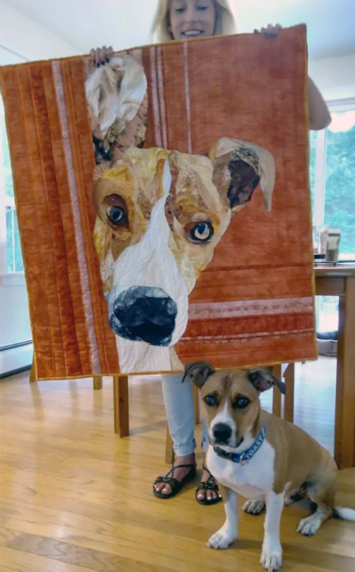 Mi mamá hizo una colcha con el retrato de mi perro. Perro como referencia