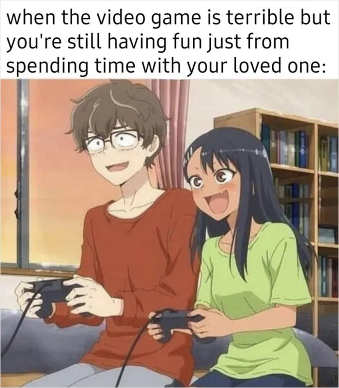 Anime characters smiling while playing video games, emphasizing wholesome moments with loved ones.