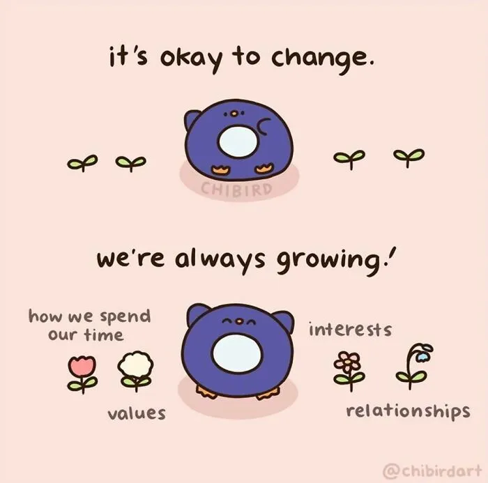 Wholesome cartoon character embracing change and growth with plants representing time, values, interests, and relationships.