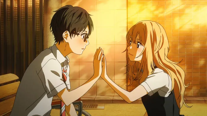 Anime couple sitting closely, exchanging a gentle moment with hands touching under warm sunlight.