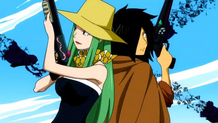 Anime couple with guns, standing back-to-back in a dynamic pose, featuring a woman with green hair and a man with black hair.