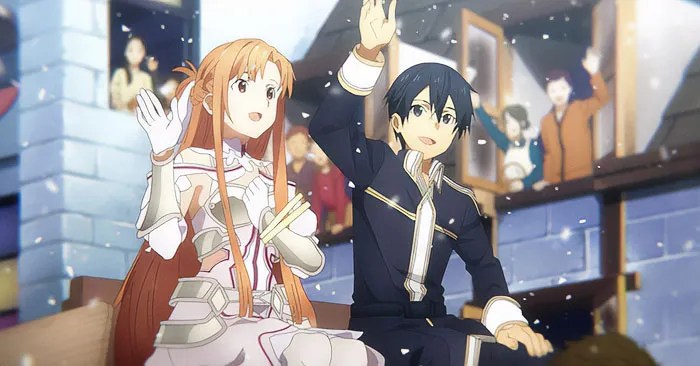 Anime couple waving, sitting outside with others in the background, illustrating one of the cutest anime couples.