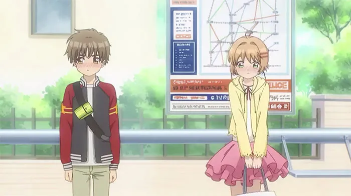 Anime couple blushing shyly at a train station, surrounded by greenery and a route map, depicting a sweet moment.