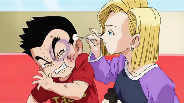 Anime couple tenderness scene, one treating the other's wounds with care, showcasing cute interactions.