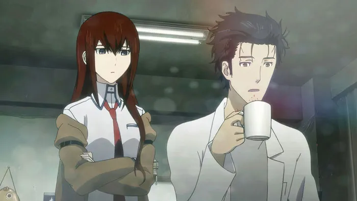 Anime couple in a cozy room, one holding a mug, capturing a cute moment.