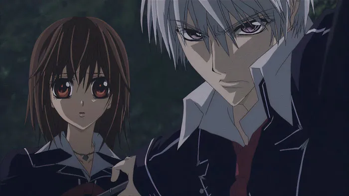 Anime couple in school uniforms with intense expressions in a forest setting; one of the 100 cutest anime couples.