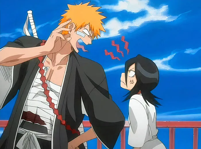 Anime couple arguing playfully under a bright blue sky, showcasing one of the cutest anime couples.