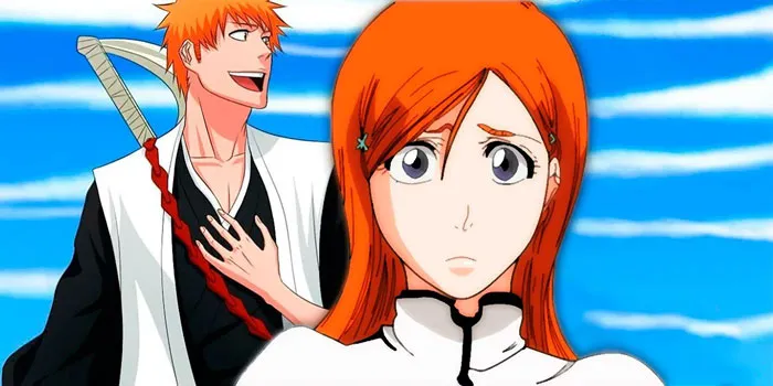 Anime couple in love, featuring a character with orange hair and sword, and another with long orange hair against a blue sky.