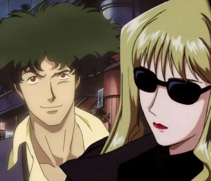 Anime couple in a city setting, one smiling with wavy hair, and the other wearing sunglasses and a jacket.