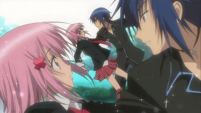 Anime couple sharing a romantic moment, with sparkling effects and a dreamy atmosphere.