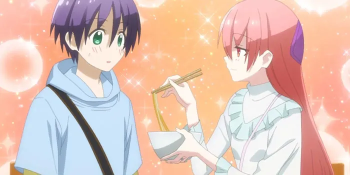 Anime couple sharing food, surrounded by a warm, sparkling background.
