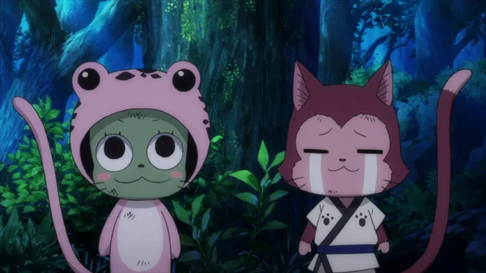 Two cute anime characters with animal hats standing in a forest setting.