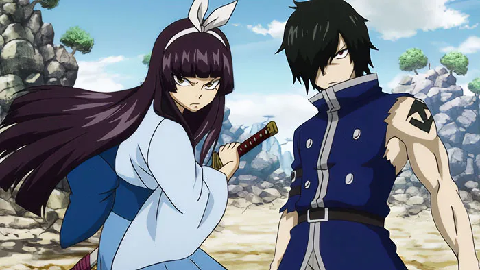 Anime couple in a dramatic pose, with swords and a rocky landscape background, showcasing one of the cutest anime couples.