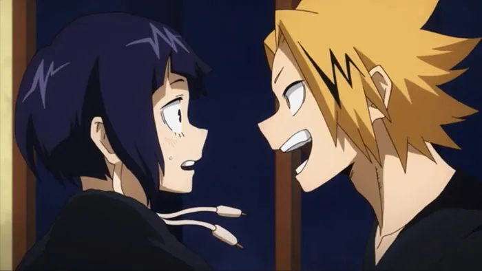 Anime couple with dark purple and yellow hair sharing a tender moment, highlighting cute interactions.