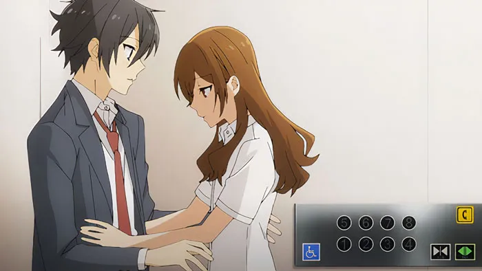 Anime couple sharing an intimate moment in an elevator setting, showcasing a touching connection.