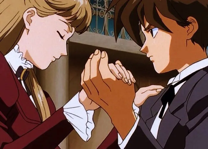Anime couple holding hands, gazing at each other lovingly in a sweet moment.
