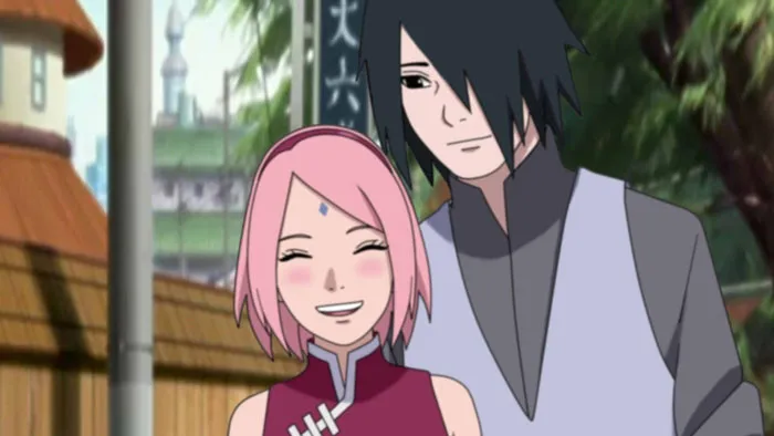 Cute anime couple walking together, smiling in a village setting.