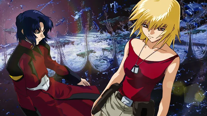 Anime couple standing in front of a cosmic background, showcasing their unique styles and expressions.