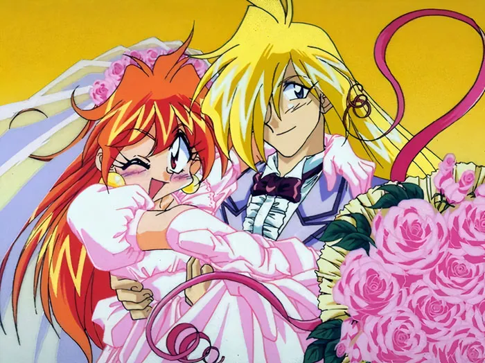 Cute anime couple posing together in vibrant attire with a bouquet of pink roses.