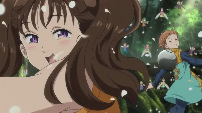 Two cute anime characters in a forest setting surrounded by small colorful creatures.