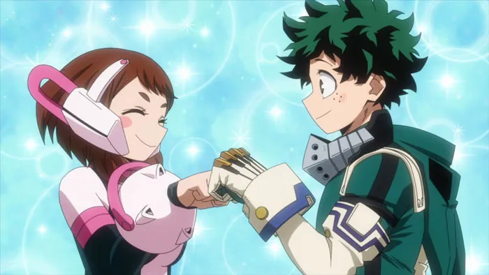 Anime couple sharing a fist bump with happy expressions and a sparkling background, illustrating cutest anime couples theme.