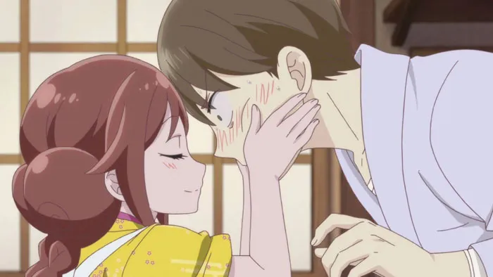 Anime couple sharing a tender moment, blushing as they gaze into each other's eyes.