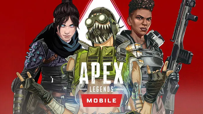 Three Apex Legends Mobile characters posing with weapons against a red background for mobile games download.