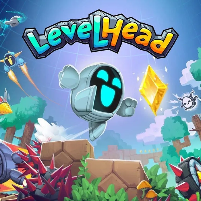 Colorful Levelhead mobile game character jumping to collect a yellow gem in a vibrant platform game scene.