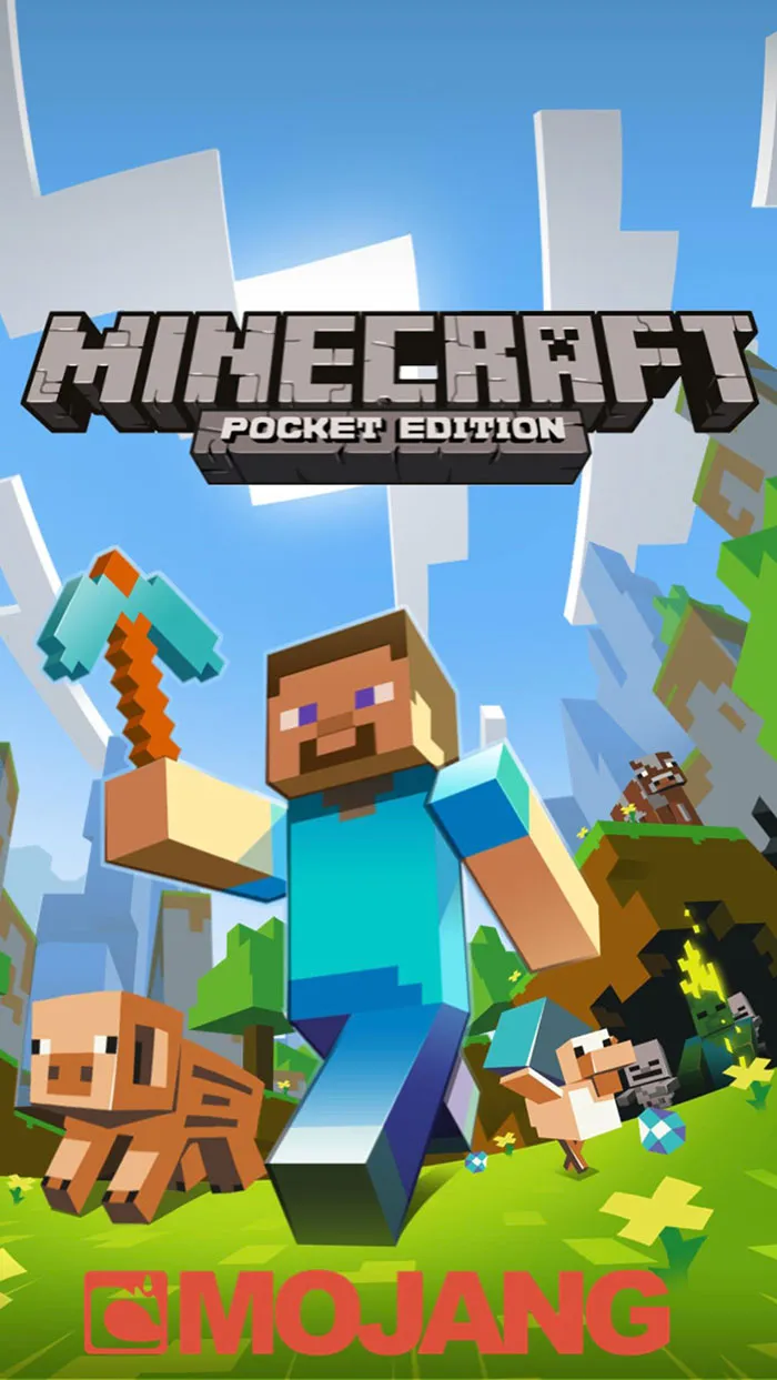 Minecraft Pocket Edition gameplay scene with blocky characters and animals, a popular mobile game to download now