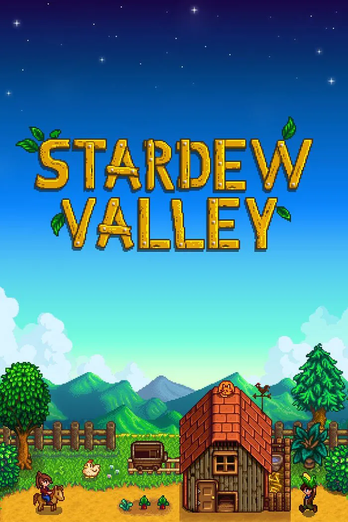 Stardew Valley game logo with pixel art farm scene featuring characters, animals, and a small wooden barn at sunrise.