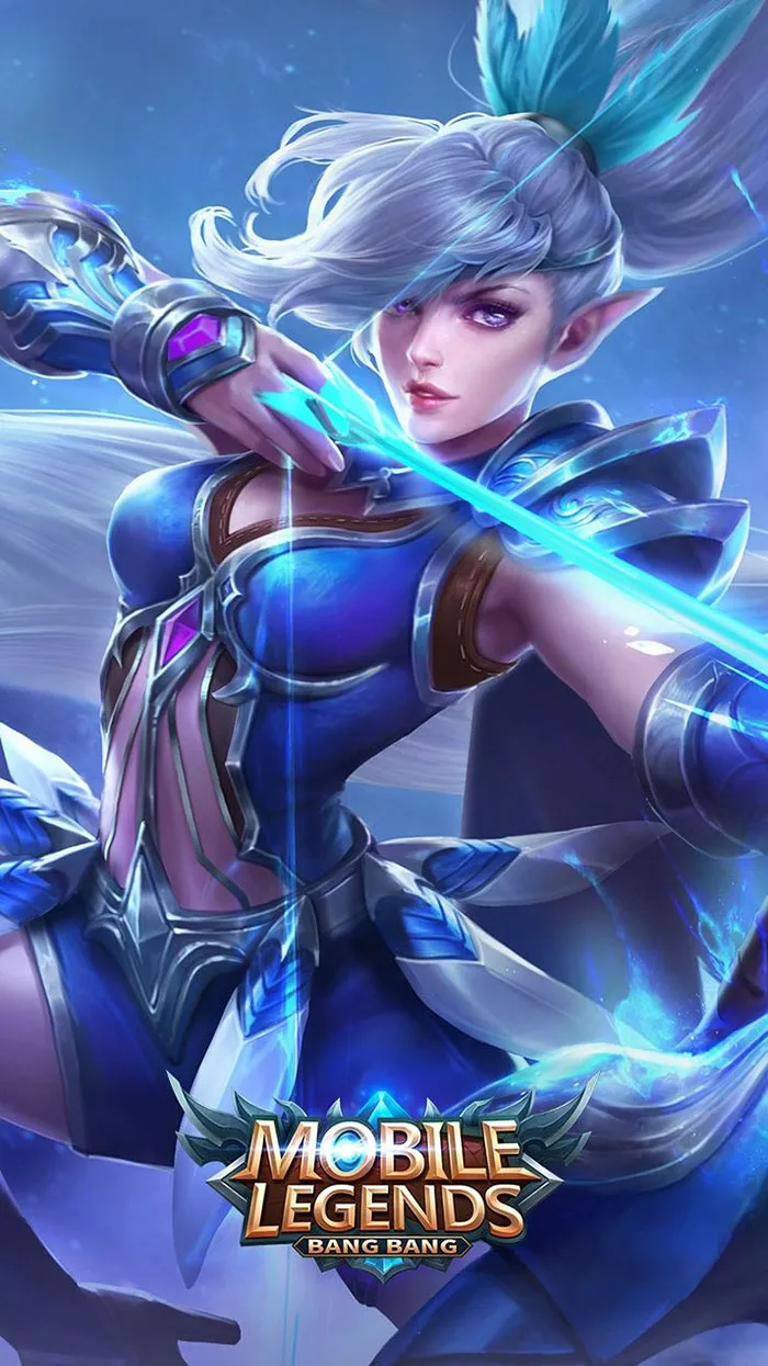 Fantasy archer character from a popular mobile games action scene with blue glowing bow and armor.