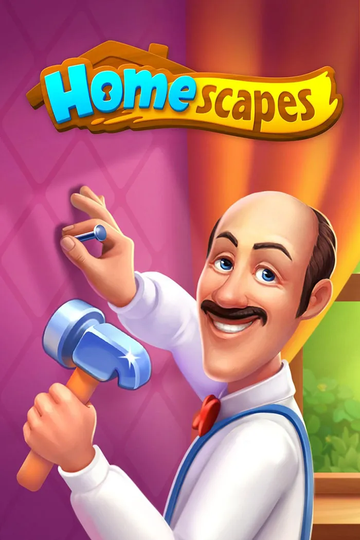 Cartoon character hammering a nail on a wall in a colorful game scene of popular mobile games for download.