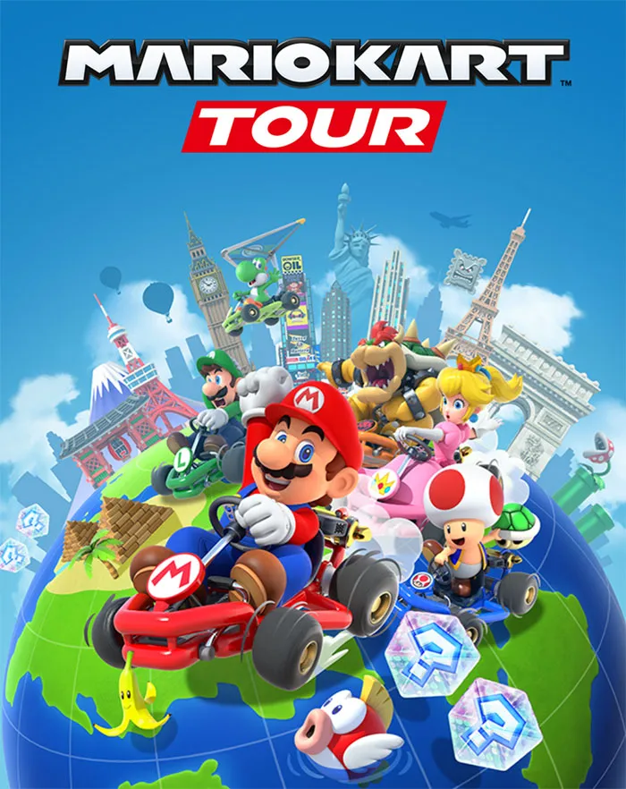 Mario Kart Tour mobile game featuring characters racing on a globe with famous landmarks in the background.