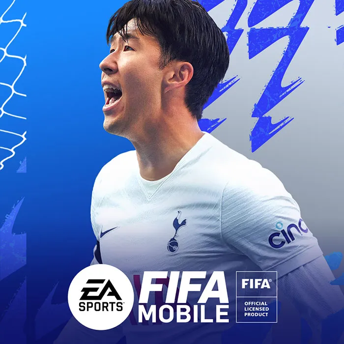 Soccer player in FIFA mobile game promotion with EA Sports logo, highlighting popular really good mobile games to download.