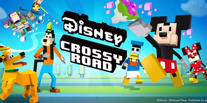 Disney Crossy Road characters in a colorful pixel art style illustrating popular mobile games to download now.