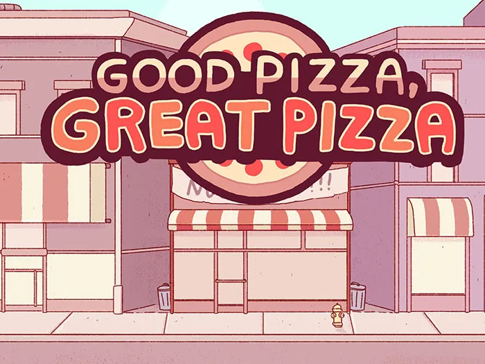 Good Pizza Great Pizza mobile game storefront with a large pizza sign and cartoon-style buildings in background