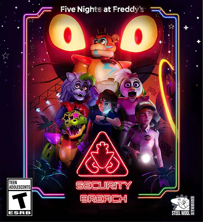 Cover art of Five Nights at Freddy's Security Breach mobile game featuring animatronics and a security guard, popular mobile game download.