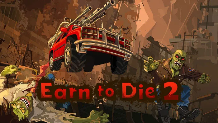 Red truck jumping over zombies in a post-apocalyptic setting from a popular really good mobile game.