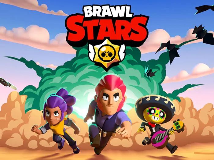 Characters from Brawl Stars mobile game running forward with an explosion in the background, showcasing popular mobile games.