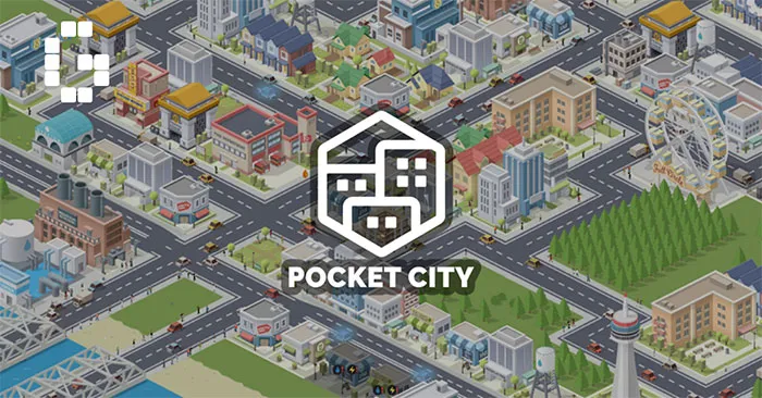 Pocket City mobile game interface showing a colorful city layout with buildings, roads, and green spaces.