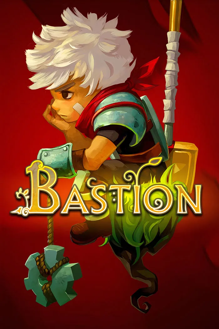 Colorful Bastion mobile game character with white hair, red scarf, and armor sitting on a glowing green platform against red background